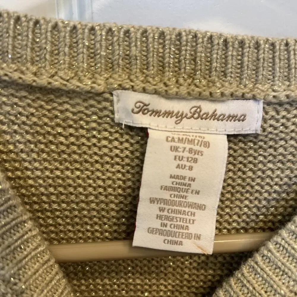 NEW Tommy Bahama Girls Sweater Size M 7/8 Cable Knit Tan Metallic Asymmetrical